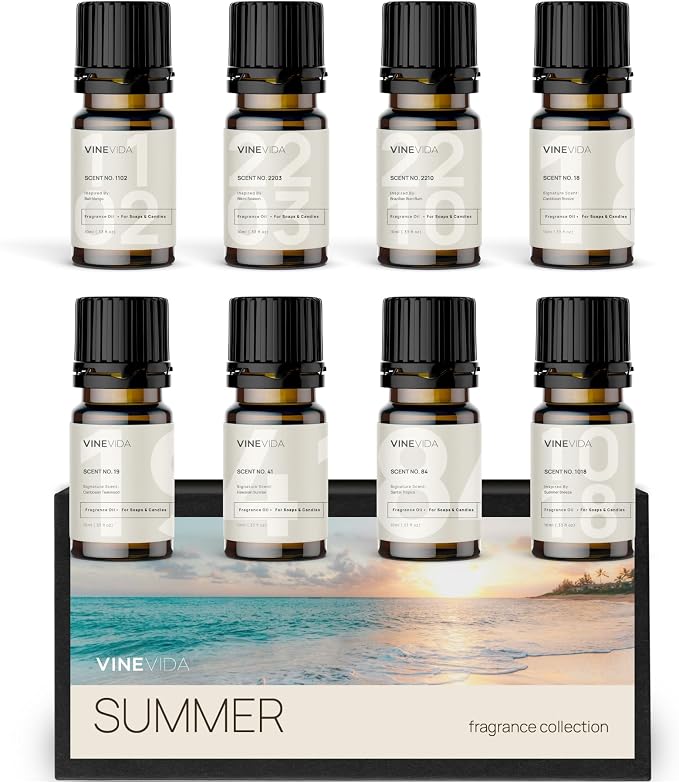 VINEVIDA [Set of 8] Summer Scents for Candle Making, Essential Oils Summer, Made in USA Candle Fragrance Oil, Soap Making Essential Oils, Diffuser Oil Scents