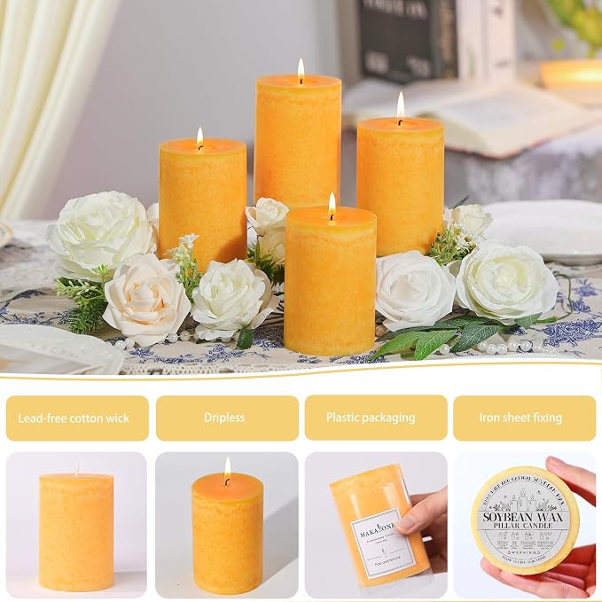 Orange Lemongrass Scented Pillar Candles 4 Pack, 60 Hours Long Lasting Burn Natural Essential Oils,2.8 x 4 in - Fresh Citrus Scent for Outdoor Patio & Home Refresh,Natural Repellent Vibes& Home Spa