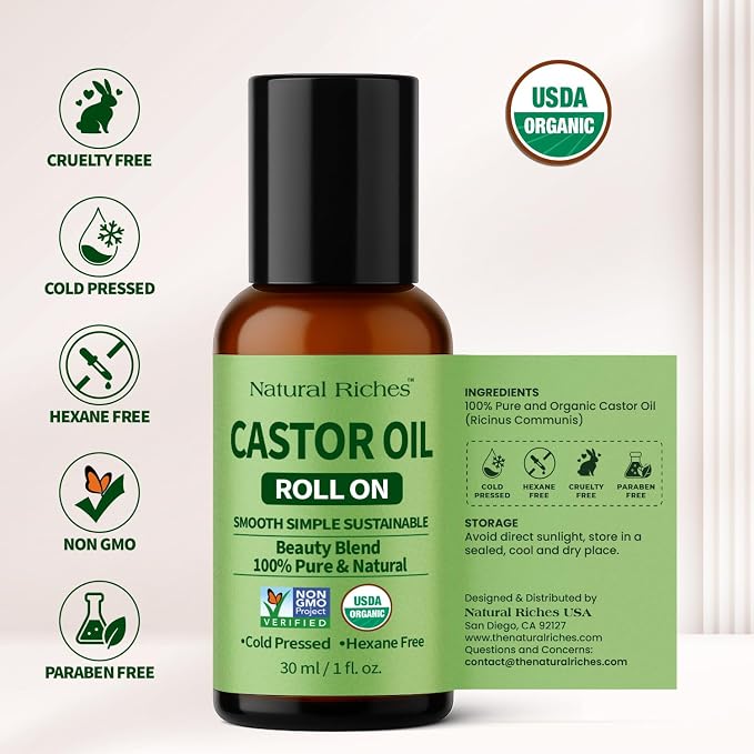 Natural Riches Organic Castor Oil Roll On - Cold Pressed, Hexane Free, 100% Pure Beauty Blend - 1 fl oz Glass Bottle with Roller Ball Applicator
