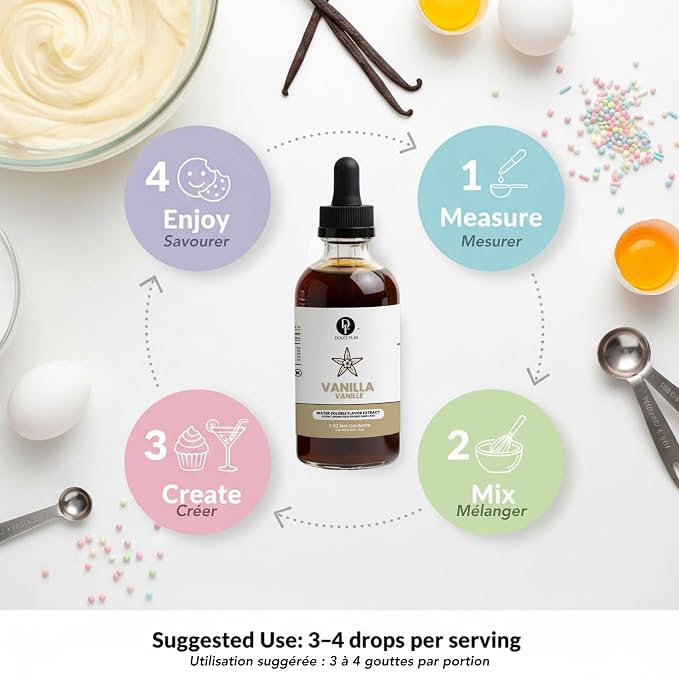 Dolce Flav Vanilla Extract – 2 Ounce Water-Soluble Kosher, Sugar-Free, Concentrated Vanilla Flavoring for Baking, Cookies & Desserts, Includes Measured Dropper