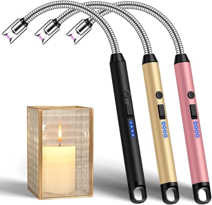 LcFun 3 Pack Candle Lighter Windproof Electric Plasma Lighter with LED Battery Display, USB Rechargeable Flameless Long Arc Lighters for Grill BBQ Camping Fireplace Stove(Black,Pink,Gold)