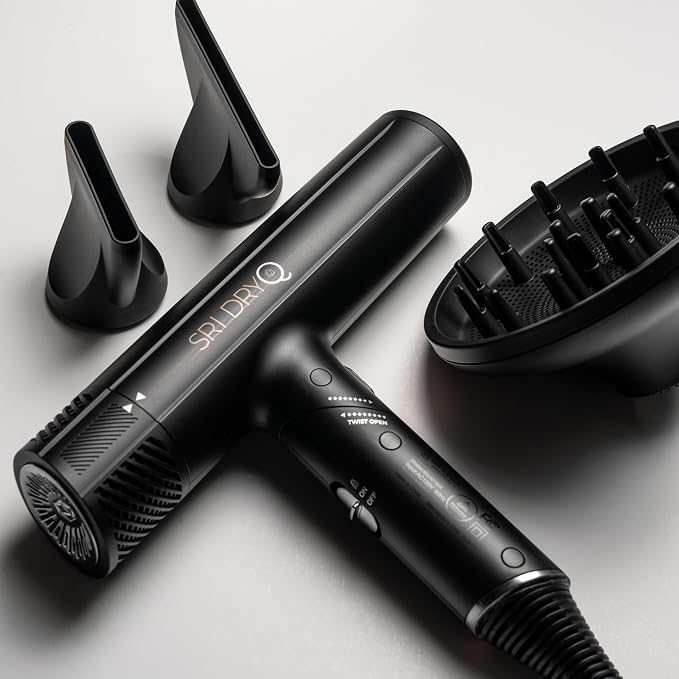 SRILabs DryQ ‘Smart’ Hair Dryer – Super Lightweight, Foldable – Powerful, Quiet Motor – Infrared & Ionic Technology – 3 Magnetic Attachments – Heat Control with Locking Switch