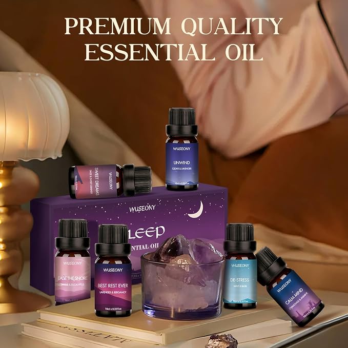 WUSEONY Sleep Essential Oils Set for Diffusers for Home, Set of 6 Essential Oil Blend Aromatherapy - Eucalyptus, Jasmine, Orange, Lavender, Cedar, Mint