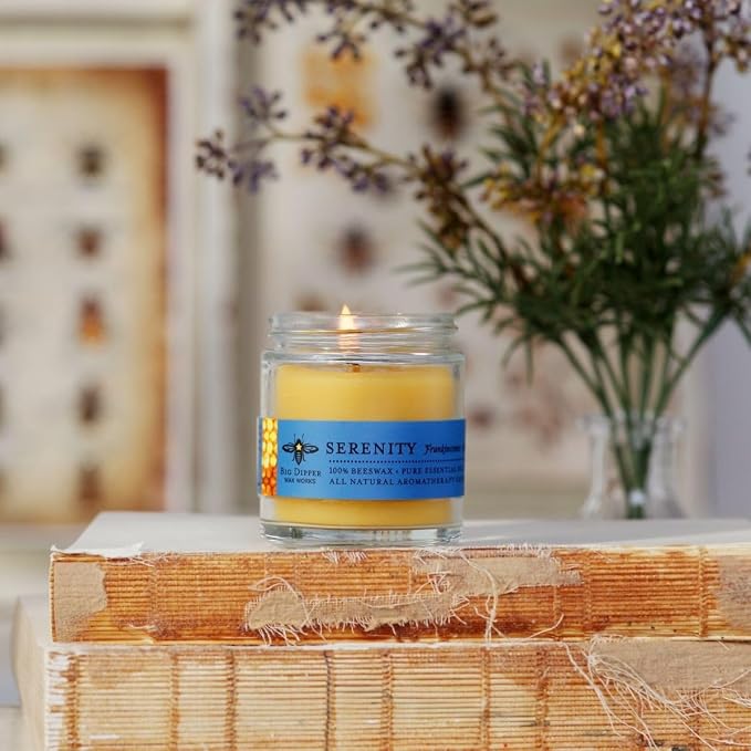 Big Dipper Wax Works Beeswax Aromatherapy Candle, Serenity, Apothecary Glass, Frankincense & Lavender Scented, 25-Hour Burn, Pure Essential Oils, 2" x 2.5"