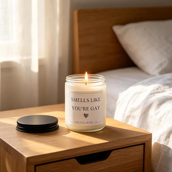 “Smells Like You’re Gay” Candle, Gay Gifts, Gay Pride Gifts for LGBTQ Boyfriend Men Friend Brother, Valentines Day Housewarming Anniversary Birthday Gift, Lavender & Eucalyptus, 100% Soy Wax, 7OZ