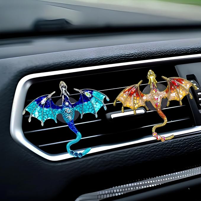 2 Pcs Bling Dragon Car Air Freshener Vent Clips, Crystal Rhinestone and Enamel Dragon Air Vent Clips Car Diffuser Cute Car Interior Decoration Accessories for Women Gift (Blue Red)