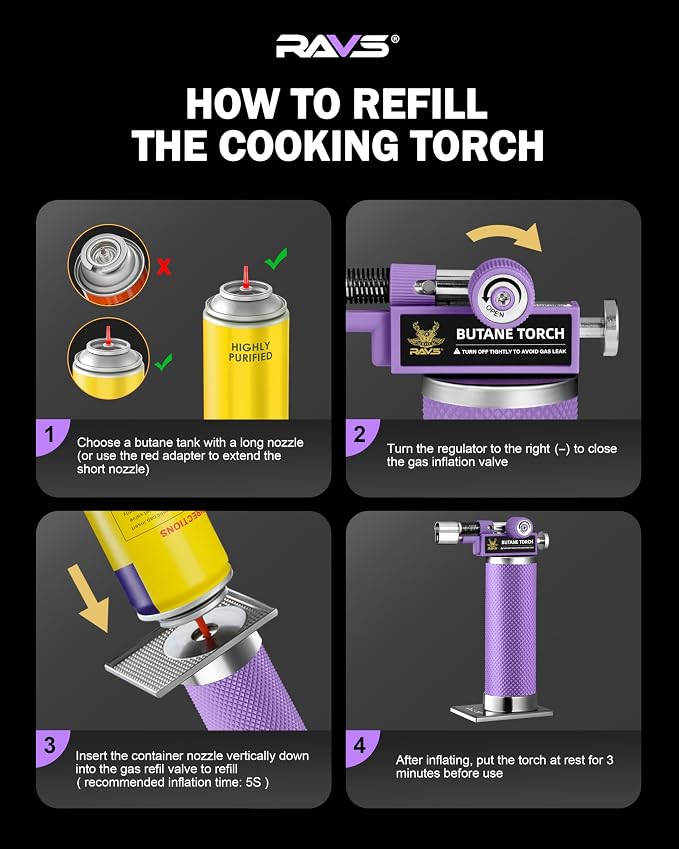 RAVS 2 Flame Mode Butane Torch Lighter, Refillable Kitchen Torch | Metal Body Cooking Torch for Baking, BBQ, Soldering Torch with Adjustable Flame & Safety Buckle,Purple, Gas Not Included