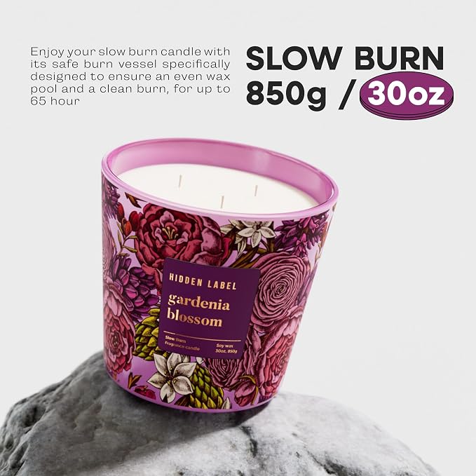 Hidden Label Gardenia Blossom Scented Candle, 30oz Large 3 Wick Natural Soy Wax Candle, 100 Hours Slow Burn Aromatherapy Candle for Stress Relief, Relax & Sleep, Gifts for Women & Men