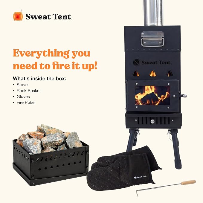 SweatTent High-Output Wood Burning Sauna Stove Kit – Includes Rock Basket, Heat-Resistant Gloves & Fire Poker – Portable Stainless Steel Heater for Outdoor Tents – Fast Heating & Professional-Grade