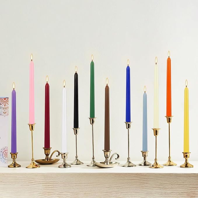 YOROXRG 24 Colored Taper Candles, 7-8 Hours Burn Time, Unscented, Smokeless and Dripless, 0.75 x 10 Inch Dinner Candle Set for Household, Wedding, Party and Home Décor Candlesticks