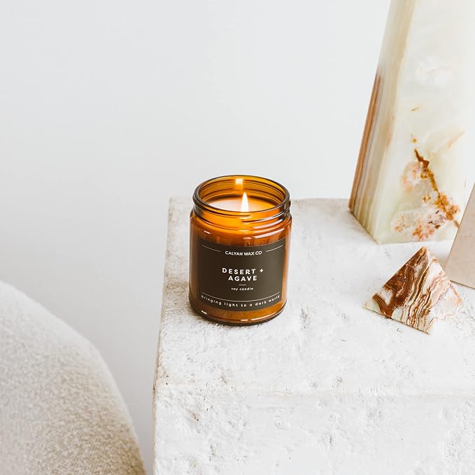 Calyan Wax Co. Desert & Agave Scented Candle - 57 Hour Burn - Luxury Clean Soy Wax Candles - Long Lasting Amber Glass Jar Candle for Home - 7.2oz