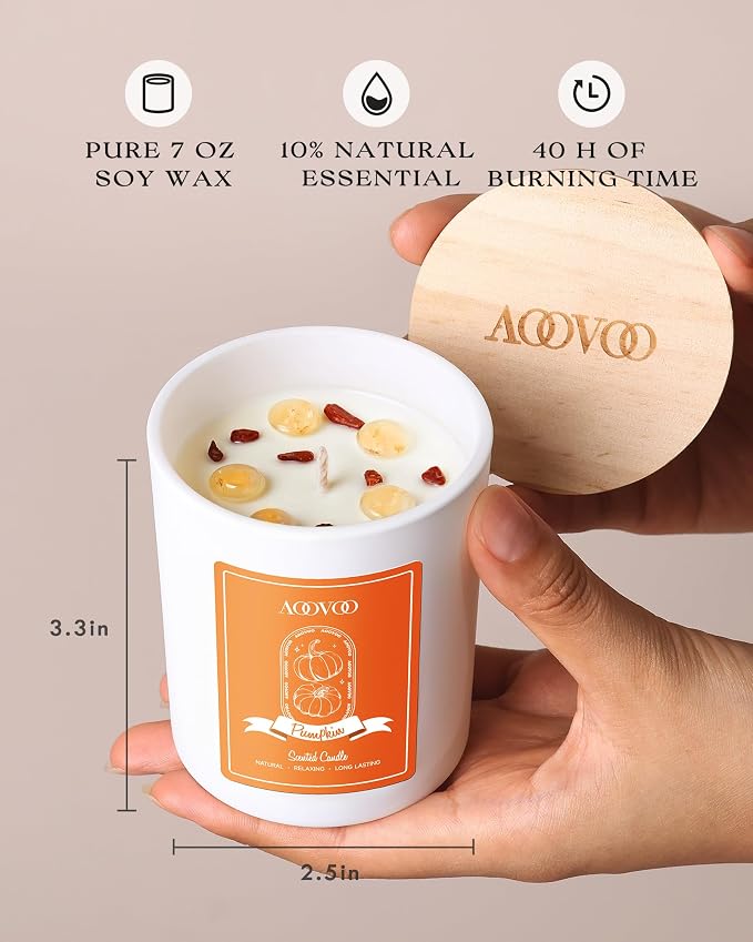 AOOVOO Pumpkin Scented Candles for Women - Aromatherapy Candle with Crystals Inside, 7oz Soy Candles for Home Scented, Christmas Birthday Gifts Candle for Women Mom