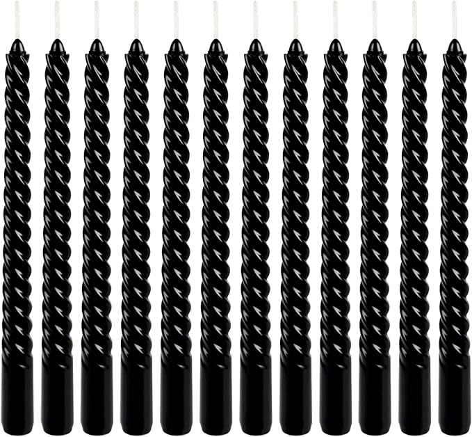WPONSZU 10 Inch Black Spiral Taper Candle Set, 12 Pack Unscented Dripless Candlesticks for Halloween,Dinner,Party Brithday Wedding and Home Decoration