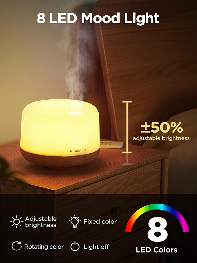 InnoGear 500ml Essential Oil Diffuser with Remote Control, Premium Ultrasonic Aromatherapy Diffusers Mother's Gift Scent Humidifier Vaporizer Auto-Off Timer for Large Room Home, Yellow