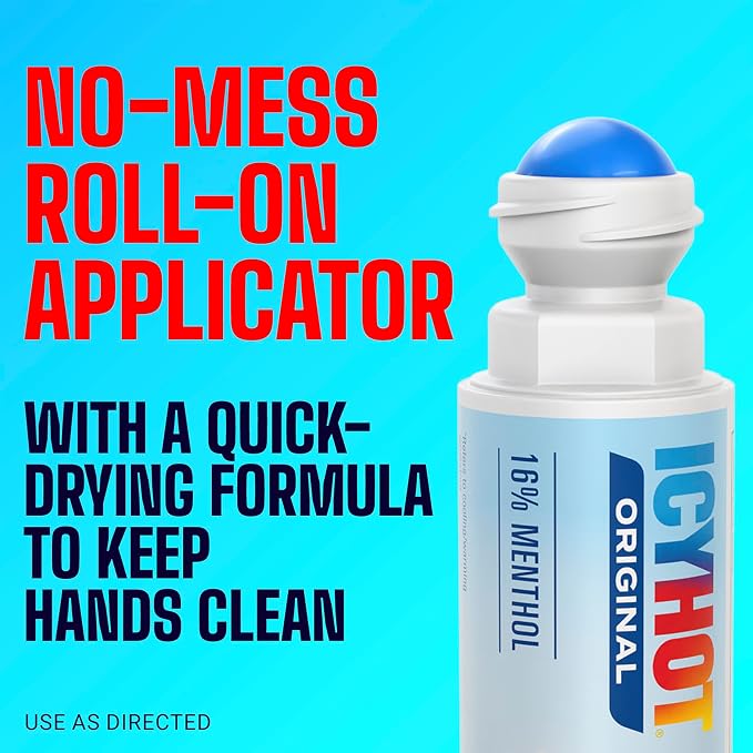 Icy Hot Original Pain Relief No-Mess Roll-On Applicator, Fast-Acting Pain Relief with Max Strength Menthol 16%, Contrast Therapy for Backaches, Joints, Muscle Strains and Arthritis, 2.5 oz