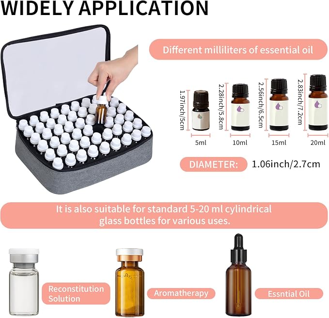 Essential Oils Carrying Case Holds 54 Bottles with Detachable Pad,Grey