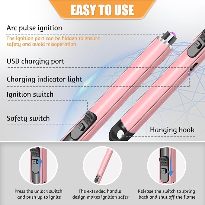 2 Pack Electric Candle Lighters, USB Rechargeable Lighter with Windproof Flameless & Extended Handle, Suitable for Candles, BBQ, Camping, Gas Stove, Festivals Gift (Pink, 2 Packs-B)