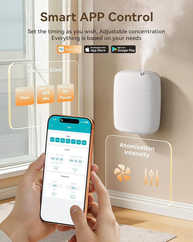 Waterless Essential Oil Diffuser with Bluetooth App Control, Smart Scent Air Machine Covers Up to 3000 Sq Ft for Home, Hotel & Spa, Quiet Aromatherapy Diffuser with Timer & Mode (White)