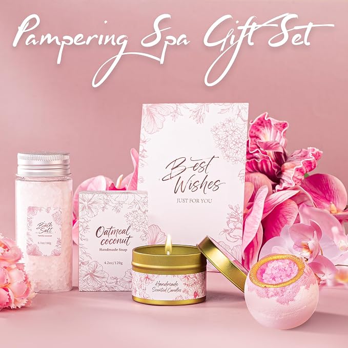 Gift Basket for Women, Self Care Set with Knitted Throw - Care Pkg - Pink | for Women Mom Her Friend Sister Wife Grandma Fringe Blanket, Spa Bath Bombs Candle Soap Sea Salt, Birthday Get Well