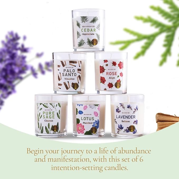 Magnificent 101 Long-Lasting Manifestation & Intention Aromatherapy Candles - Set of 6 | 21 Oz - 84-Hour Burn | 100% Soy Wax - Cedar, Palo Santo, Pure Sage, Lotus, Rose & Lavender