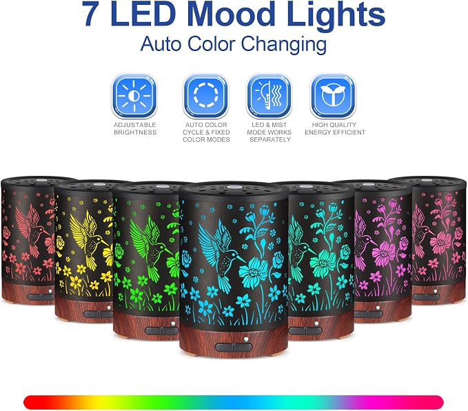 Essential Oil Diffuser- Aromatherapy Diffuser with7 Colors Light and Auto-Off for Women Metal Cool Mist Humidifier for Home and Office for Mom Women（Hummingbird）