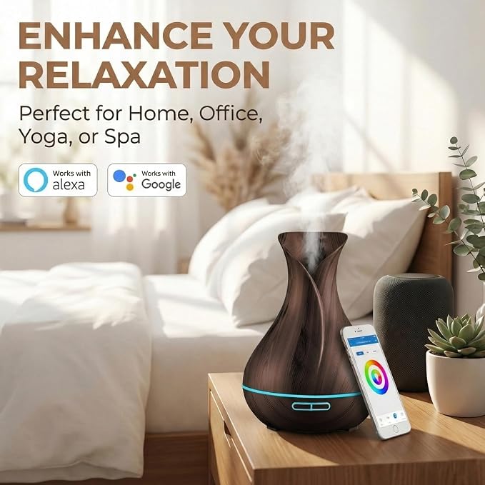 Sierra Modern Home Smart WiFi Humidifier - Aromatherapy Essential Oil Diffusers with App Control & Voice Control - Works with Alexa & Google Home - 400ml Ultrasonic Diffuser & Humidifier - Dark Brown