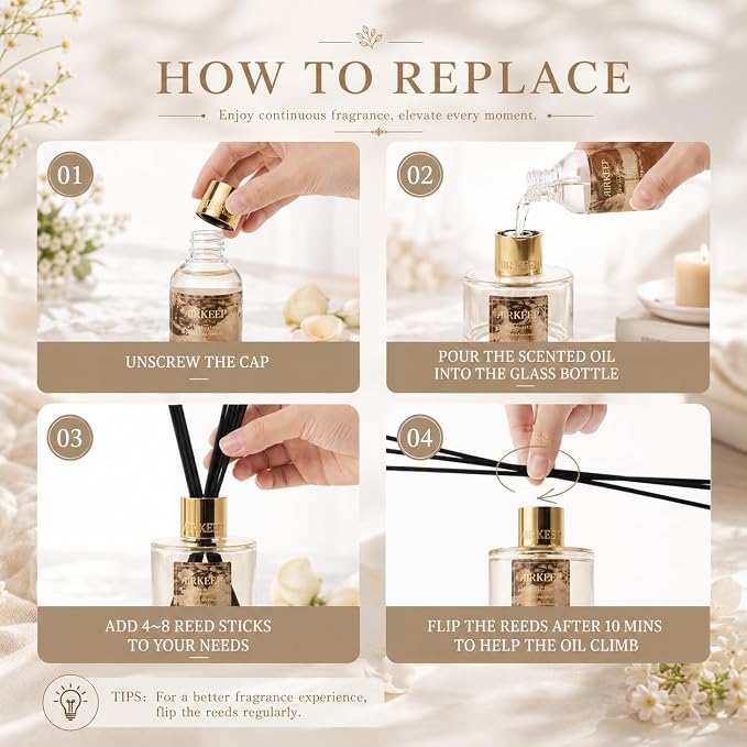 Airkeep Reed Diffuser Set with Refill & 8 Reed Sticks, 6.96 fl oz Clean Linen Home Fragrance, Long Lasting Aromatherapy Diffuser for Bedroom, Bathroom & Living Room