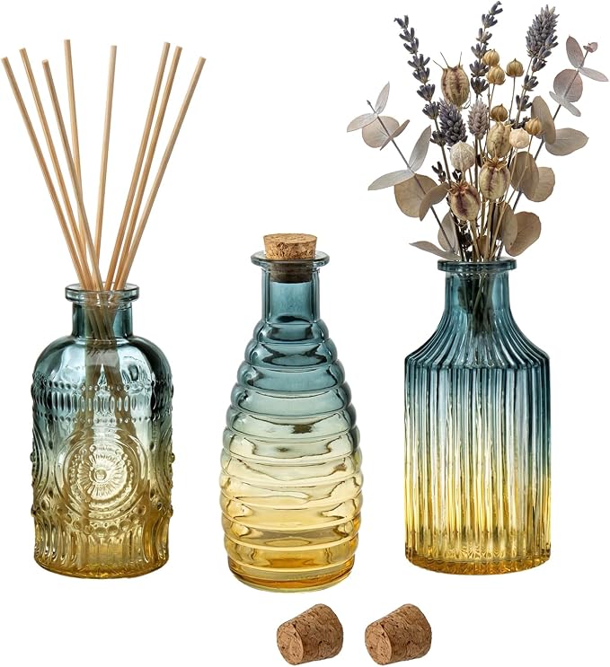 MyGift Small Blue Yellow Gradient Glass Reed Diffuser Bottles, Vintage Embossed Apothecary Style Flower Bud Vases with Cork Lids, Assorted Designs and Sizes, Set of 3