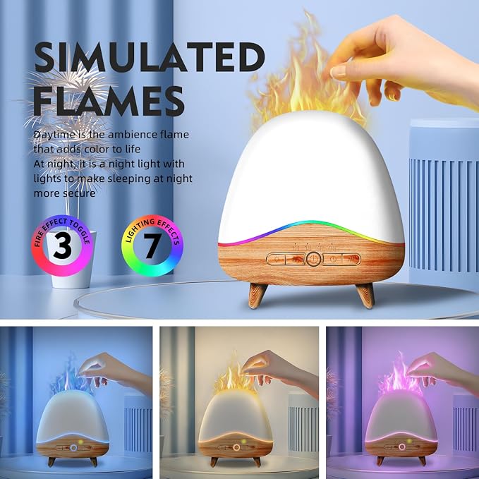 Night Light Essential Oil Diffuser with Flame, 300ML Ultrasonic Aroma Diffuser, 7 Color Lights with Remote Control, Cool Mist, Timed Mist, Auto Shut-Off for Home, Bedroom, Hotel, Office, Yoga (White)
