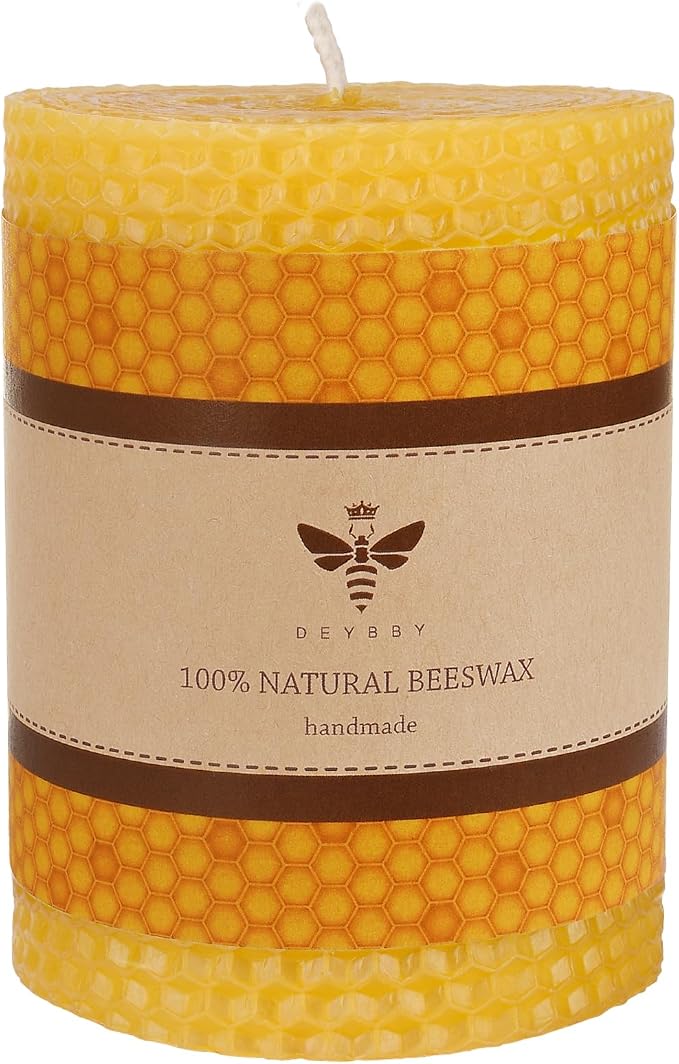 DEYBBY 3×4 in Beeswax Pillar Candle - Handmade Pure Organic Beeswax Honeycomb Rolled Candle for Home Study Decor Housewarming GFT