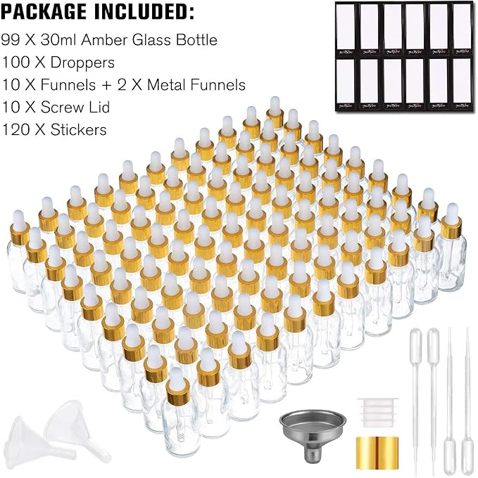 PrettyCare Glass Dropper Bottles 99 Pack, 1oz (30ml) Clear Empty Thick Bottles Bulk with Leakproof Golden Caps - With Labels & Funnels for for Storage, Travel,Essential Oils, DIY Serums