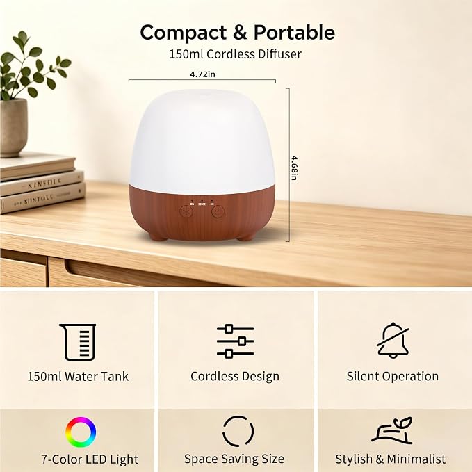 SPLITSKY Cordless Essential Oil Diffuser 150ML, Portable Rechargeable Diffuser with 7-Color LED Light, 2 Mist Modes, Quiet Operation and Auto-Off, 3 Timer Settings, for Home, Office, Outdoor