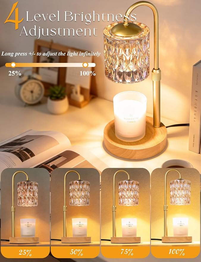 Briever Dimmable Candle Warmer Lamp with Timer, Height Adjustable Electric Candle Wax Warmer, Birthday Gifts for Women Mom, House Warming Gifts New Home Decor, Solid Wood Base, Natural Wood Champagne