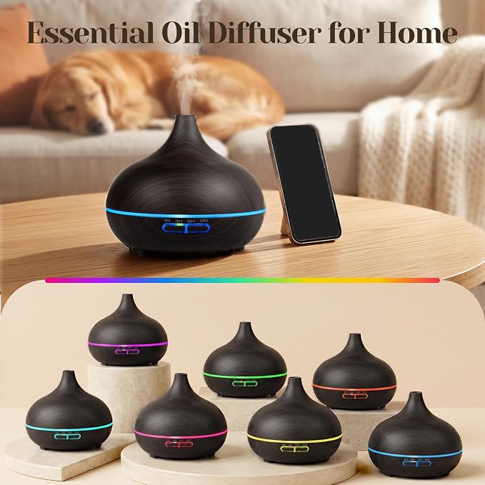 Hanolly Essential Oil Diffuser for Home, 500ML Aromatherapy Diffuser Humidifier with 12 Essential Oils, 7 Color LED Lights, Quiet Cool Mist Diffuser for Bedroom, Office