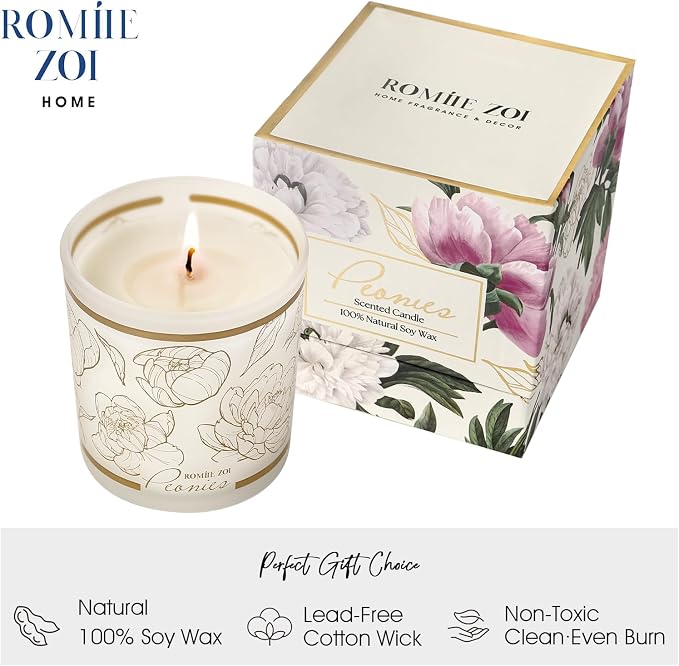 ROMIIE ZOI Scented Candle - Peony - 6oz Aromatherapy Soy Wax Jar Candle for Home, Gifts for Women - 170g