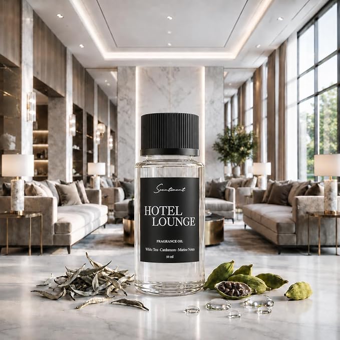 Scentiment Hotel Lounge Diffuser Oil - Premium Hotel Scent with Notes of White Tea, Cardamom & Marine Notes Home Scent, Hotel Fragrance Oil Diffuser Refill - 1.69 fl oz (50 mL)