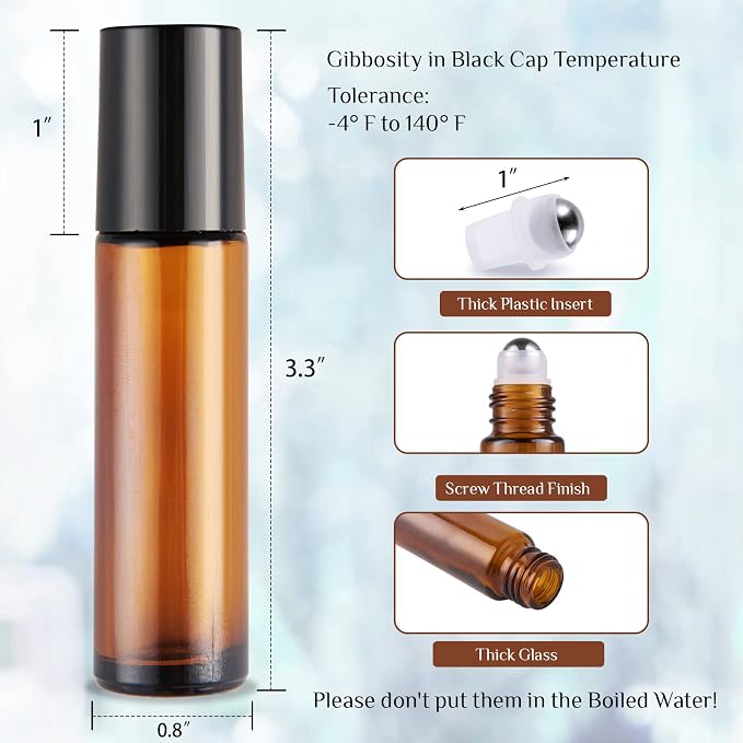 Hoa Kinh Roller Bottles for Essential Oils 10ml 24Pack Empty Amber Glass Perfume Roller Bottles with Stainless Steel Balls Refillable Roller Ball Applicator for Hair, Essential Oil