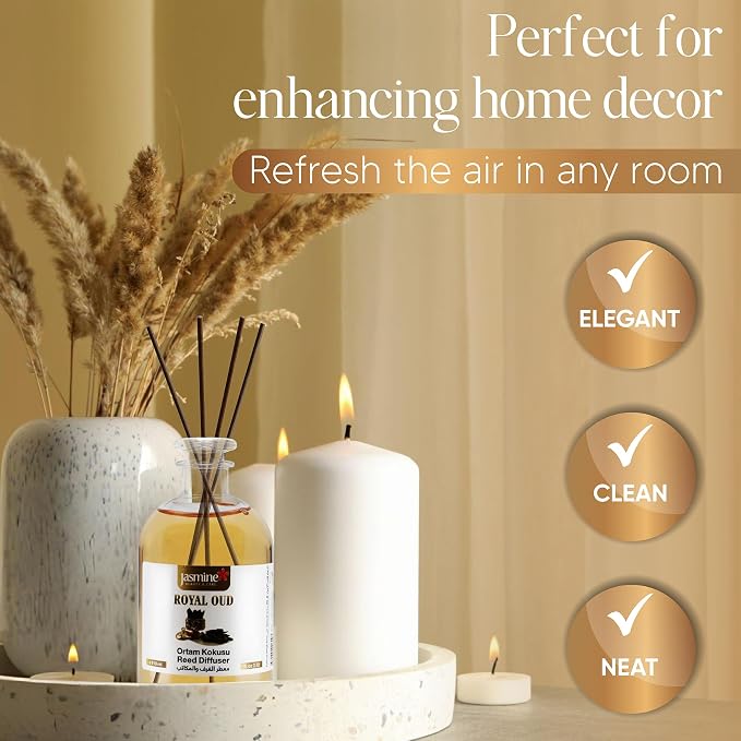 Jasmine Turkish Reed Diffuser (Jasmine) Set 3.72 fl.oz, 110ml, Oil Reed Diffuser with 4 Sticks for Your Office, Bedroom, Bathroom and Kitchen. A Nice Gift to Love. Jasmine Beauty And Care.
