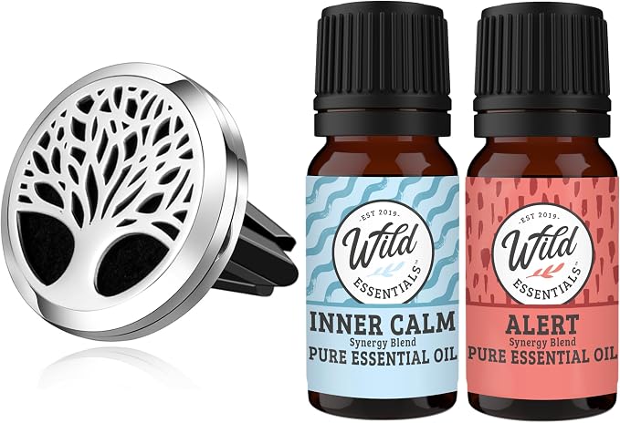 Wild Essentials Tree of Life Car Vent Diffuser Kit – 316L Stainless Steel Locket, Rubber-Coated 4-Way Clip, 8 Color Pads (22mm), 25mm – Includes Alert & Inner Calm (2 x 10ml)
