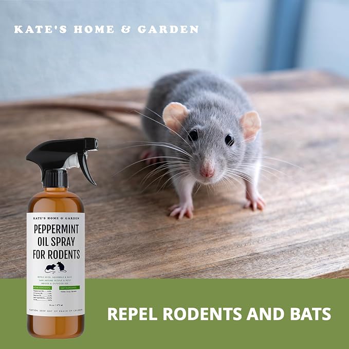 Kate Naturals Peppermint Oil Spray for Rodents, Mouse, Bat, Rat, Car Engines, Mice (16oz, Non-Toxic Rodent Repellent, Pet Safe)