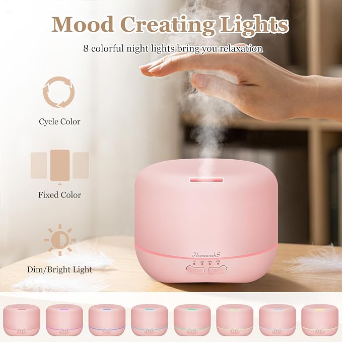 Aromatherapy Essential Oil Diffuser for Room: Air Humidifier Aroma Scent Cool Mist Colorful Lights Cute Small Large Auto Off Ultrasonic Diffusers for Home Bedroom Pink (300ml)
