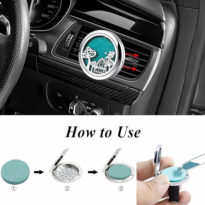 Mushroom Fun Eco Friendly Car Essential Oil Diffuser,30mm Vent Clip Aromatherapy Locket for Focus or Relaxation with 10 Pads