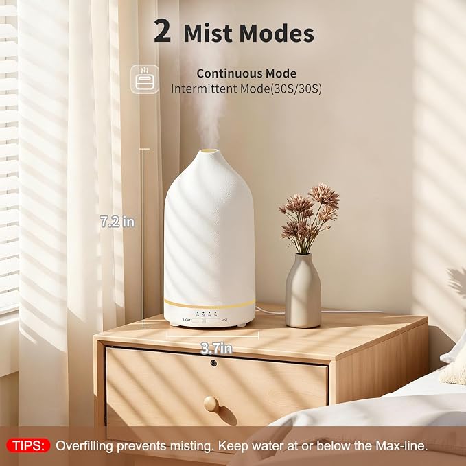 URPOWER 180ML Ceramic Essential Oil Diffuser - Ultrasonic Aromatherapy Diffuser with 7-Color LED Lights, Auto Shut-Off & 2 Mist Modes, Quiet Scent Diffusers for Home, Office, Yoga