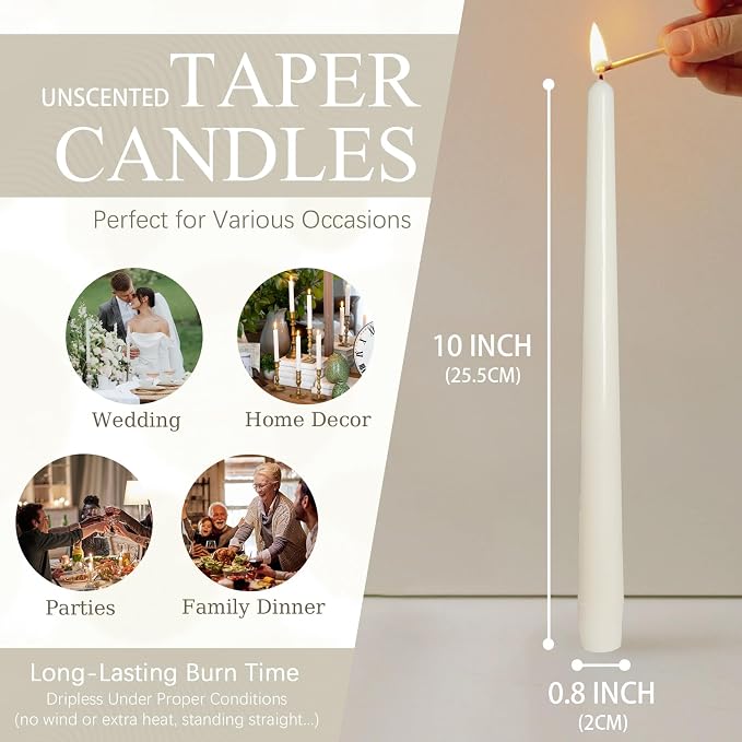 Candlesticks Long Taper Candle,Unscented 10 Inches Cream White Candle Sticks Smokeless Tapered Candles for Home Décor Holiday Gifts