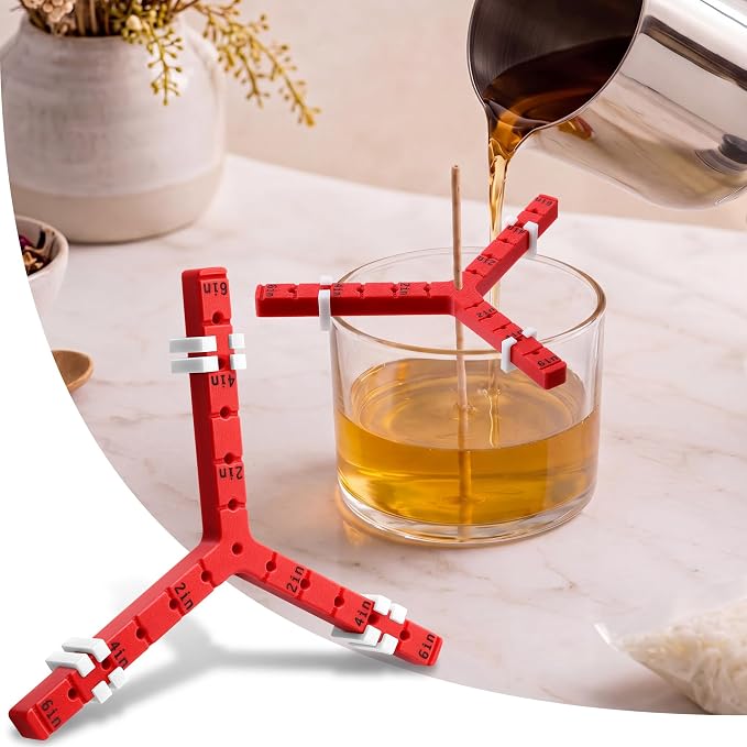 Feekoon Universal 3 Way Candle Wick Holder, Adjustable 1/3 Wick Centering Tool with 6 Clips, Anti-Slip Wicks Stabilizer for Candle Making, Fits Jars up to 6 Inch, Reusable PLA (Red)