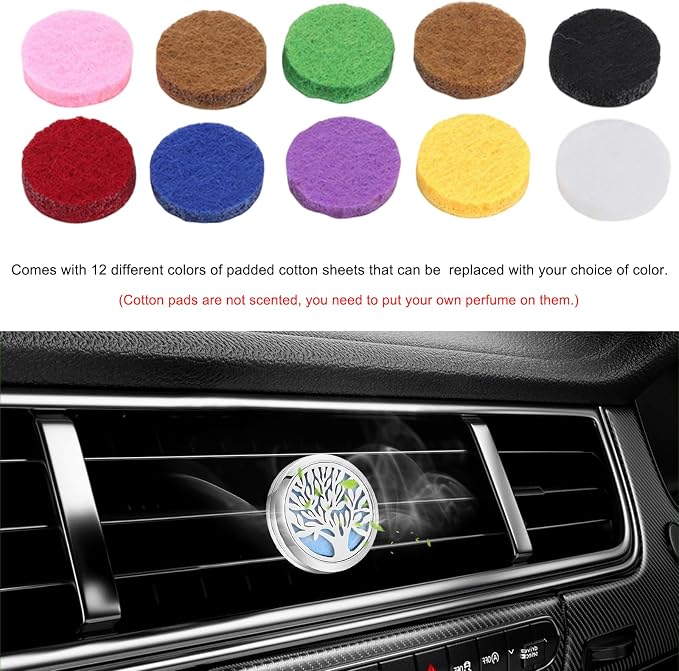 KVAEY 2PCS 30mm Car Diffuser Vent Clips, Tree of Life Aromatherapy Essential Oil Diffuser Locket with 12 Felt Pads, Stainless Steel Car Diffuser Locket Air Freshener (Style1)
