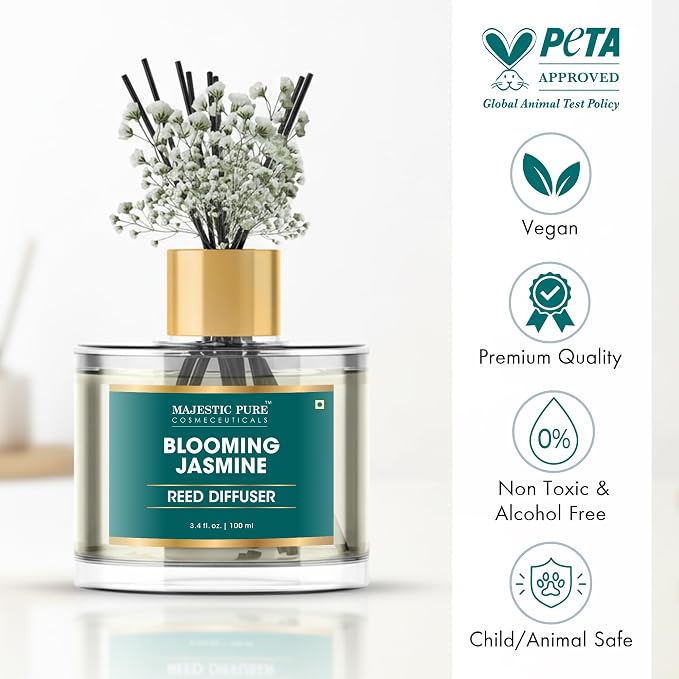 Majestic Pure Blooming Jasmine Reed Diffuser for Home, Bathroom & Office | Natural Aromatherapy Air Freshener & Room Fragrance, with Reed Sticks & Dried Flowers 3.4 fl oz
