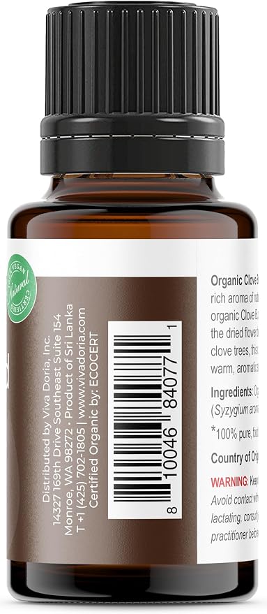 Viva Doria Organic Clove Bud Oil, USDA Certified Organic Clove Essential Oil, 100% Pure, Natural Essential Oil, Undiluted, for Aromatherapy | Food Grade, 15 mL (0.5 Fluid Ounce)