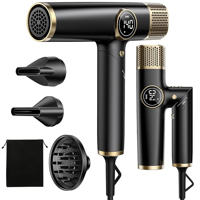 Dual Voltage Travel Hair Dryer with Diffuser, 1900W Professional High-Speed Ionic Blow Dryer for Fast Drying, Lightweight, No Heat Damage, Global Use 110V-240V