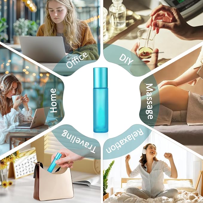 Glass Roller on Bottle, 10ml Refillable Essential Oil Bottle with Stianless Steel Ball, Pack of 10 (Light blue)